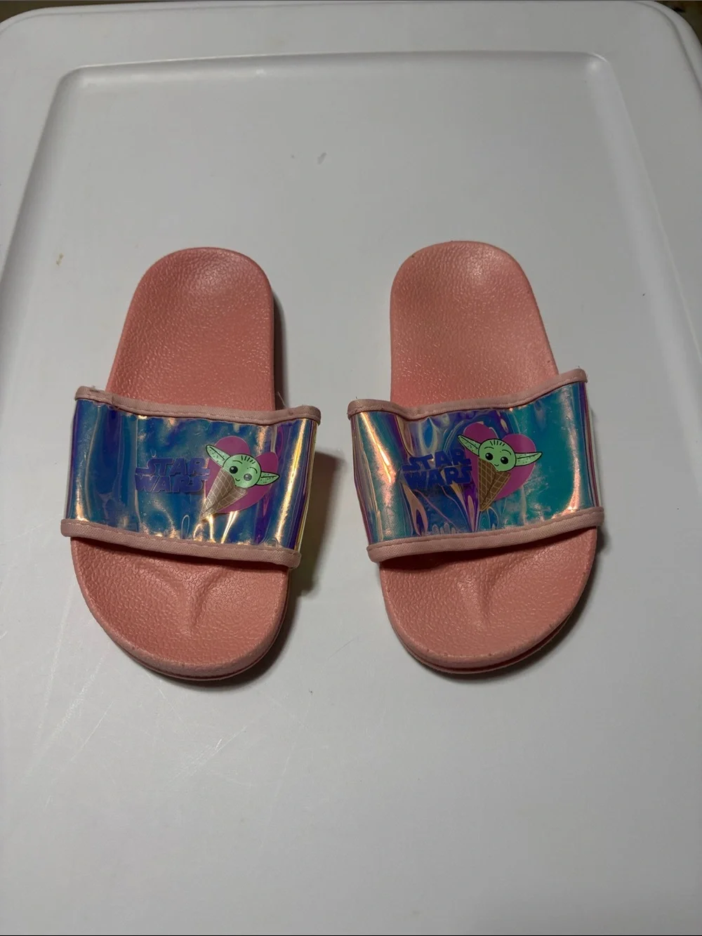 Star Wars The Child Pink Holographic Slide Sandals for Girls - Size 11/12